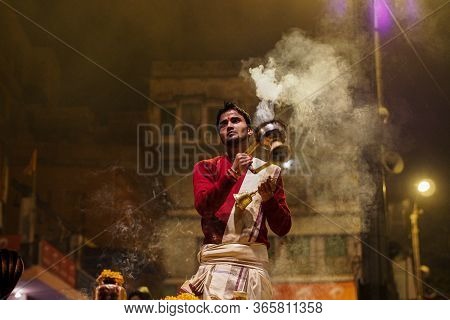 Varanasi, India - Dec 25, 2019: Ganga Aarti On The Dashashwamedh Ghat At Varanasi Uttar Pradesh Indi