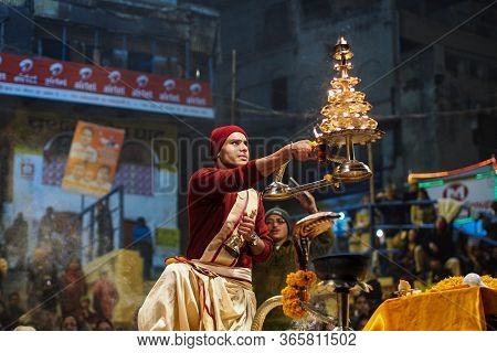 Varanasi, India - Dec 25, 2019: Ganga Aarti On The Dashashwamedh Ghat At Varanasi Uttar Pradesh Indi