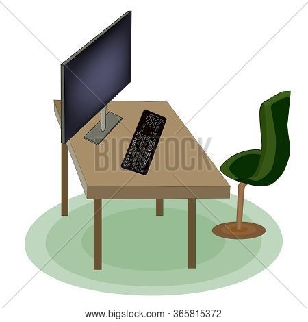 Empty Office And Home Workplace. Home Office Interior Workplace With Table, Chair, Computer Screen, 