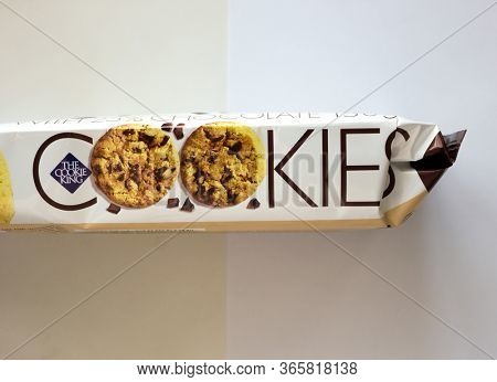 GOMEL, BELARUS - MAY 7, 2020: Cookies Merba homemade cookies with pieces of chocolate 