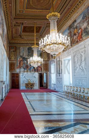 Rome, Italy -january 11, 2019: An Antique Table Clock In The Alessandro Gallery Of The  Quirinale Pa