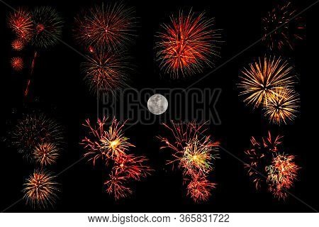 Set Of Colorful Fireworks And Full Moom Isolated On Black Background