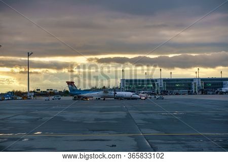 Germany, Munich - Circa 2020: Luxair Airline Airplane Getting Ready For Take Off At Munich Airport. 