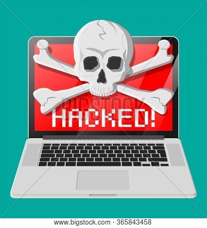 Death Skull And Crossbones On Laptop Screen. Internet Phishing, Hacked Login And Password. Computer 