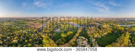 Aerial Drone Shoot With Top View Of Minsk, Belarus. Park Loshitsa, Serebrianka, River Svisloch, Tree