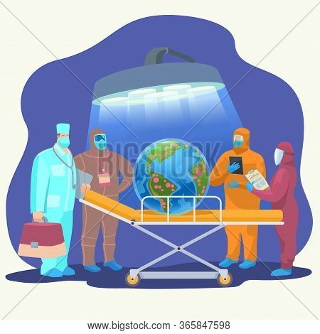 Vector Stock Illustration. A Group Of Doctors Decides How To Save The Earth From The Spread Of The V