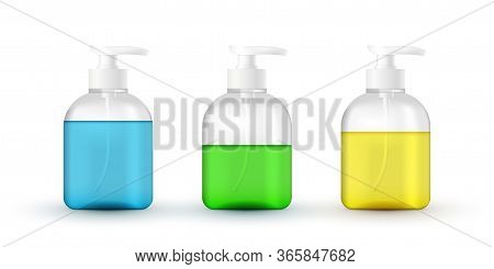 Set Of Liquid Cosmetics Tube With Pump. Coronavirus Hand Protection, Hand Sanitizer 3d Realistic Con