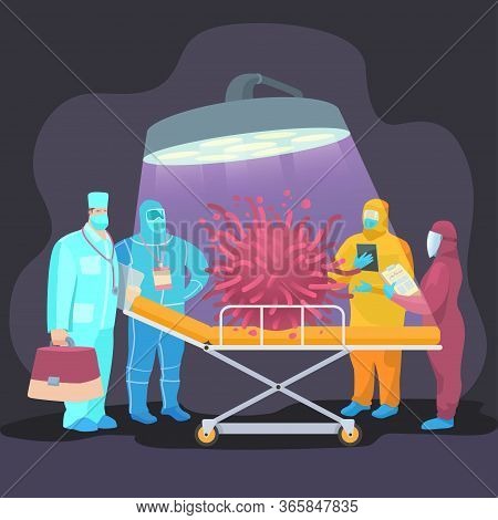 Vector Stock Illustration. A Group Of Doctors Are Studying The Problem Of The Virus. Operating Lamp,