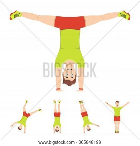 Handstand. A Cheerful Sports Guy Performs A Gymnastic Element In A Colorful T-shirt, Shorts And Snea