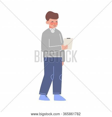 Cute Boy Holding To Do List, Child Standing With Clipboard Vector Illustration