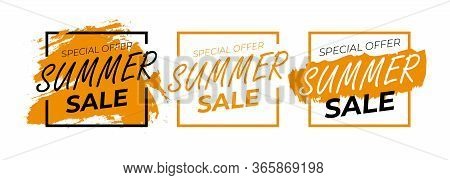 Summer Sale Banner Template Set With Geometrical Elements And Orange Brushes. Special Offer, Summer 