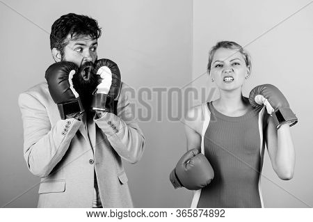 Fight For Your Happiness. Bearded Man Hipster Fighting With Woman. Problems In Relationship. Sport. 
