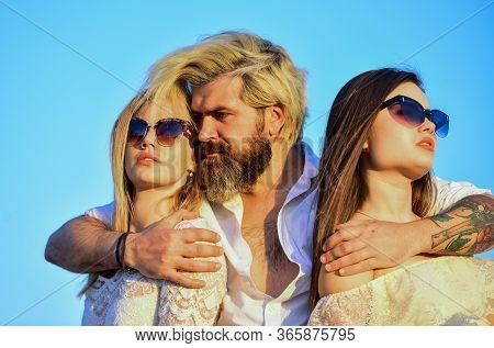 In Love With Both. Friends At Rooftop Party. Stylish Hipster And Women White Clothes. Women And Man 