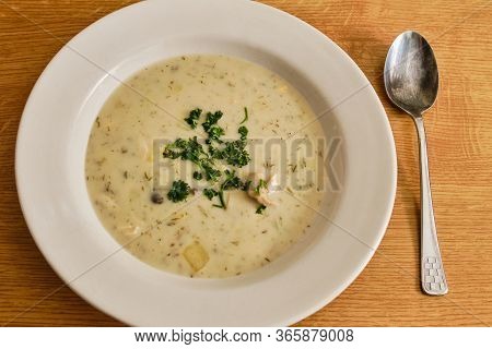 Tasty Traditional Czechsoup Kulajda On White Plate With Spoon