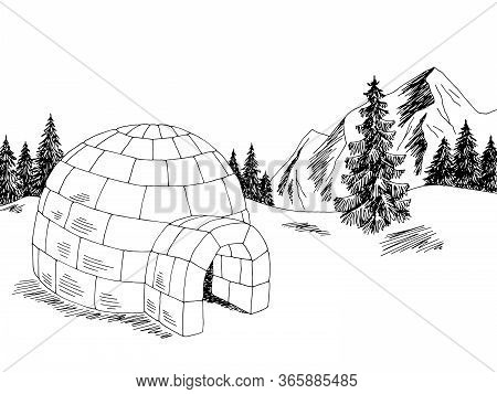 Igloo Winter Mountain Landscape Graphic Black White Sketch Illustration Vector