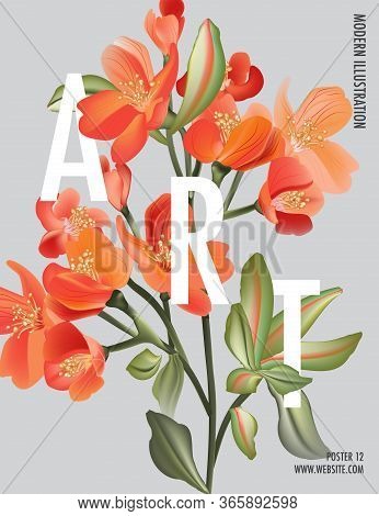 Macro Astromelia Wild Flower Bloom, Realistic Vector Unigue Gretting Card. Nature Alphabet Design, S