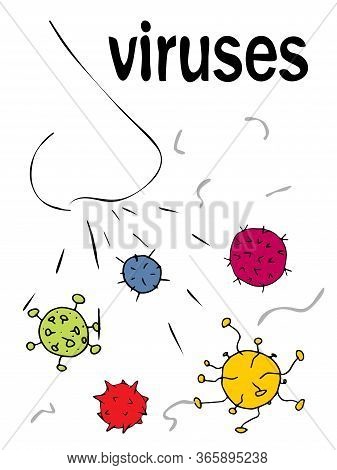 Vector Illustration In Artline Style, Poster On A White Background. Nose Inhaling Viruses. Freehand 