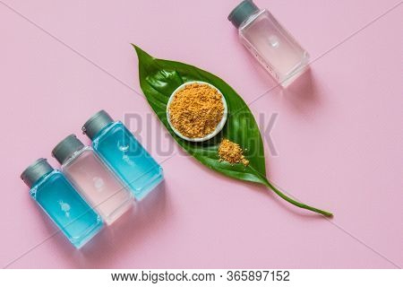 Spa Cosmetics Set. Copyspace For Text. Flatlay On Pink Background.