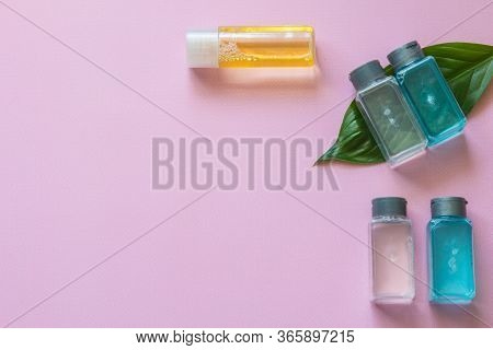 Spa Cosmetics Set. Copyspace For Text. Flatlay On Pink Background.