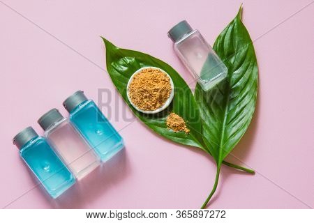 Spa Cosmetics Set. Copyspace For Text. Flatlay On Pink Background.