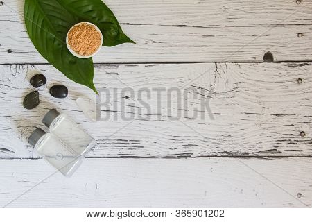 Spa Cosmetics Set. Copyspace For Text. Flatlay On Pink Background.