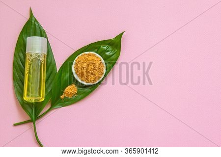 Spa Cosmetics Set. Copyspace For Text. Flatlay On Pink Background.