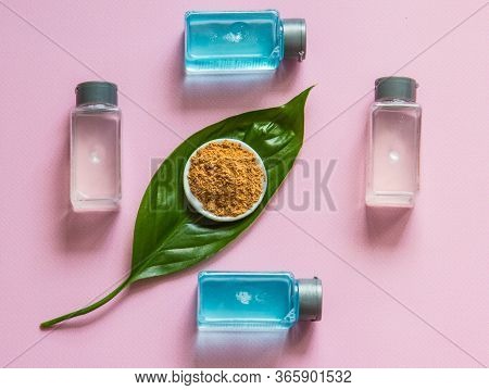 Spa Cosmetics Set. Copyspace For Text. Flatlay On Pink Background.