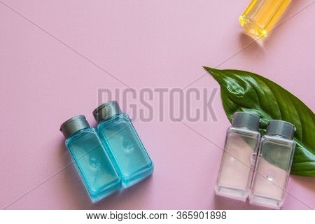 Spa Cosmetics Set. Copyspace For Text. Flatlay On Pink Background.