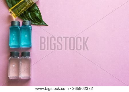 Spa Cosmetics Set. Copyspace For Text. Flatlay On Pink Background.