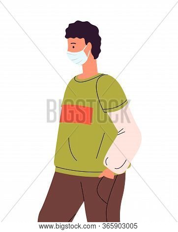 Vector Illustration Of Curly Guy In T-shirt Wearing Face Medical Mask. Viral Pandemic, Protection Ag