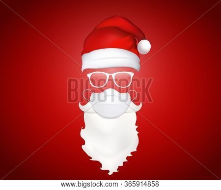 3d Illustration Santa Claus Face With Medical Mask - Hat - Glasses - Beard And Mustache. Christmas S