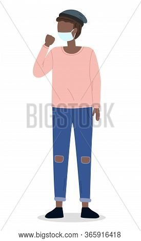 Vector Illustration Of Young Black Afro Man Wearing Face Medical Mask Standing At White Background. 