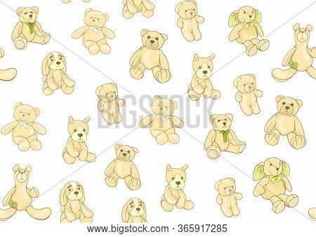 Teddy Bears, Hare And Dogs Stuffed Hand Maade Toys. Seamless Pattern. Colored Vector Illustration. I
