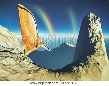 Flying pterodactyl against the volcanic crrater 3d illustration