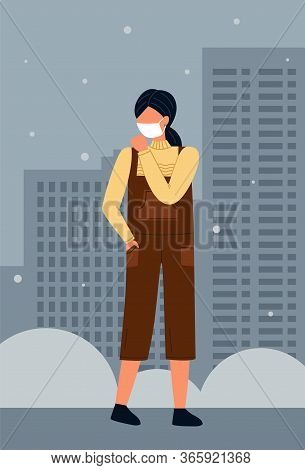 Young Woman Wearing Face Medical Mask Standing At Night City Background. Viral Pandemic. Coronavirus