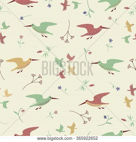 Flower, Sandpiper Woodcock And Little Birds Multicolored Seamless Pattern. Color Drawing Cartoon Vec