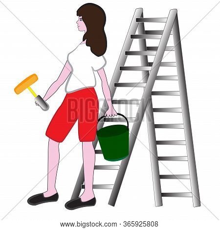 The Girl Painter Is Holding A Paint Roller And A Bucket In His Hands Isolated On A White Background.