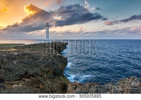 Beautiful Sunset At Cape Zanpa With Zanpa Lighthouse, Okinawa, Japan