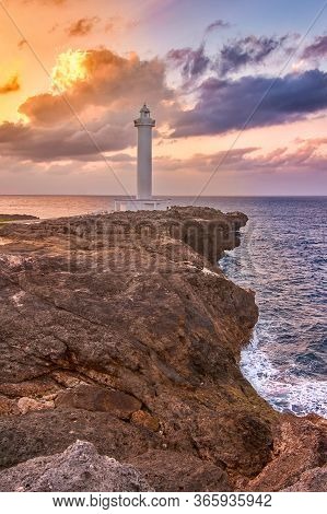 Beautiful Sunset At Cape Zanpa With Zanpa Lighthouse, Okinawa, Japan