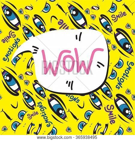 Seamless Pattern. Emoji Face With Ductile Facial Expressions. Handwritten Lettering. With Place For 