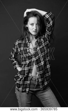 Country Style. Woman Wear Checkered Shirt. Rustic And Country. Attractive Girl. Sexy People. Youth F