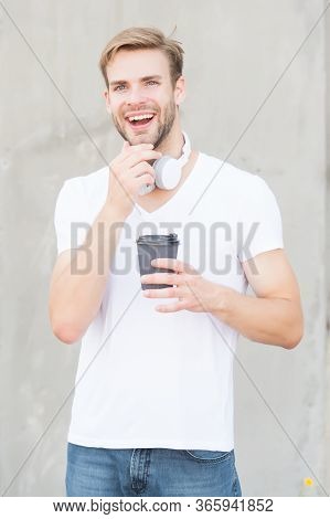 Energy And Optimism. Happy Guy Hold Hot Cup Outdoors. Enjoying Takeaway Tea Or Coffee. On-the-go Caf
