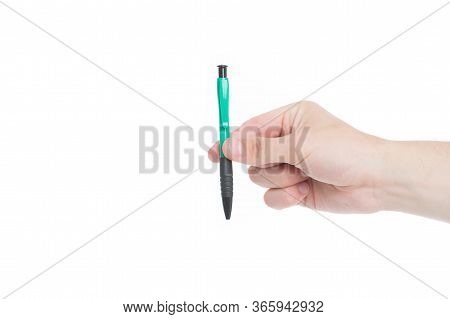 Write Down. Souvenir Concept. Hand Writing And Calligraphy. Writing Pen In Male Hand. Ballpoint Pen 