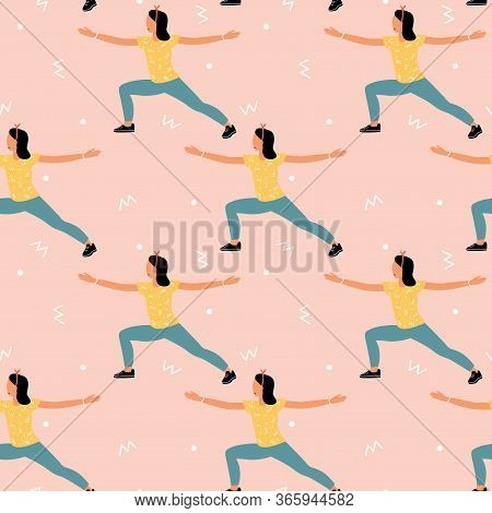 Seamless Pattern With Woman Doing Yoga At Home. Illustration With Warrior Pose, Virabhadrasana.