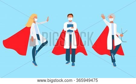 Medic Hero. Set Of Doctor Charachters In Superhero Unifom And Medical Mask.