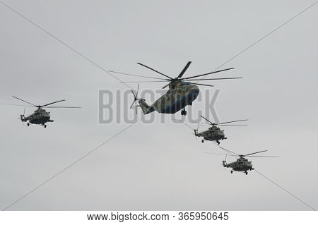 Moscow, Russia - May 9, 2020:mi-26 Military Transport And Mi-8amtsh Multi-purpose Helicopters During