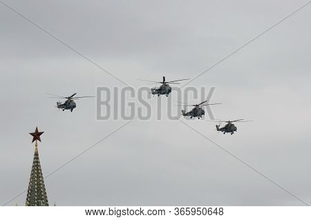 Moscow, Russia - May 9, 2020:mi-35 M Attack Helicopter Gunships During The Parade Dedicated To The 7