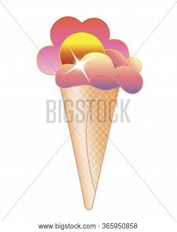 Ice Cream - Horn Vector Full Color Picture. Ice Cream - Clouds At Sunset. Dessert - Sunset In A Waff