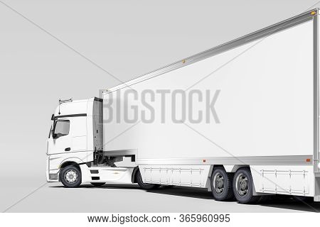 Close Up Of White Semi Truck With Empty Space On Refrigerator For Long Haul Delivery On White Backgr