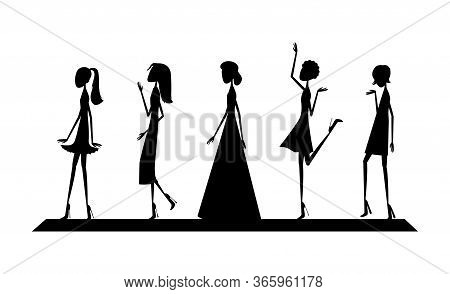 Black Silhouettes Of Models On The Catwalk In Dresses Of Different Styles. Vector